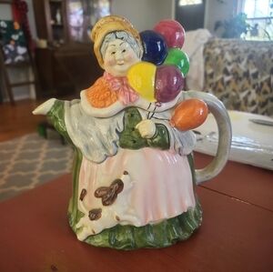 Vintage Tea Pot Takahashi San Francisco Hand Painted Woman With Balloons & Dog